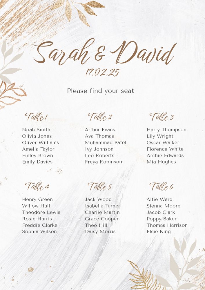 Wedding seat chart poster template, editable text and design