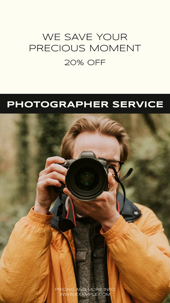 Photographer service social story template, editable text