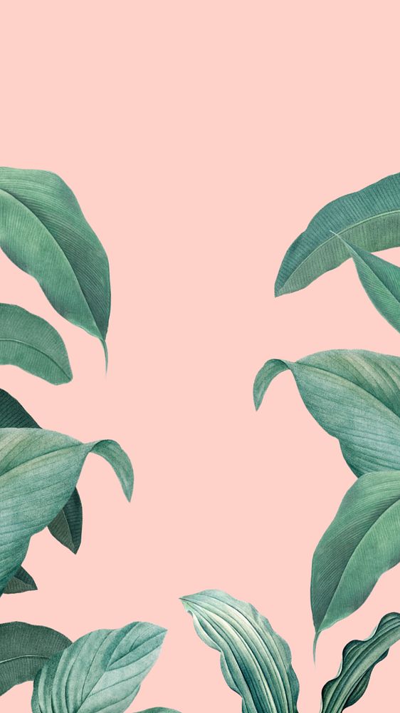 Leaf border pink mobile wallpaper, editable tropical design