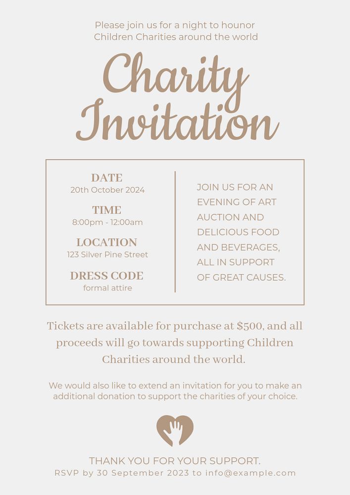 Charity invitation poster template, editable text and design