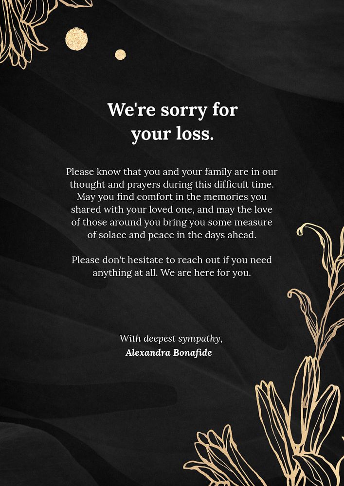 We're sorry for your loss poster template, editable text and design