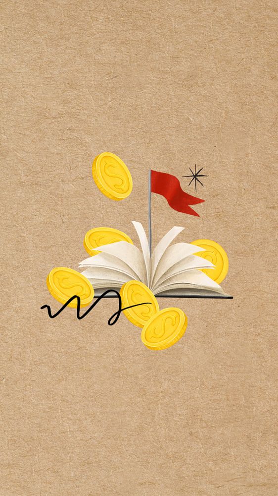 Investment & finance studies iPhone wallpaper, open book and gold coins remix, editable design