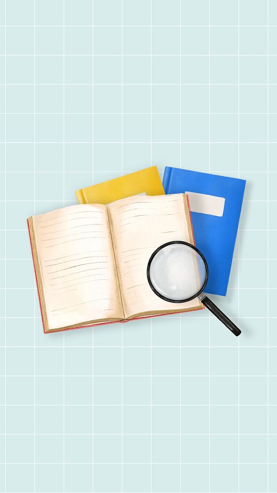 Education aesthetic mobile wallpaper, open book, magnifying glass illustration, editable design