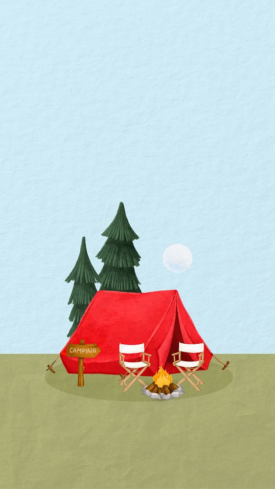 Camping tent mobile wallpaper, outdoor travel illustration, editable design