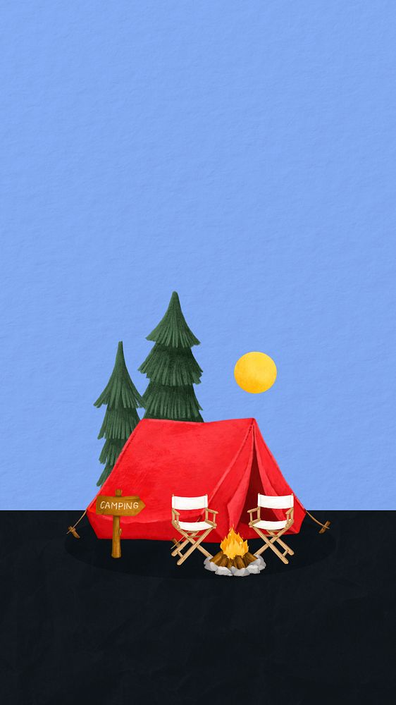 Camping tent mobile wallpaper, outdoor travel illustration, editable design