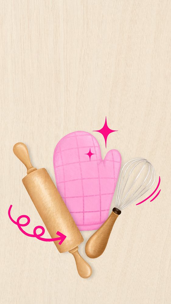 Baking tool aesthetic phone wallpaper, hobby illustration, editable design