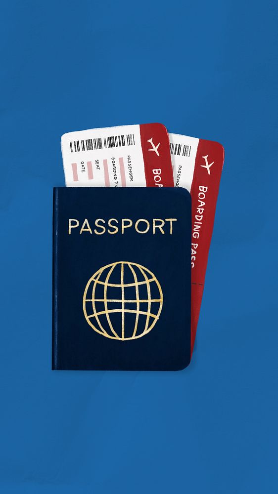 Passport plane ticket phone wallpaper, travel illustration, editable design