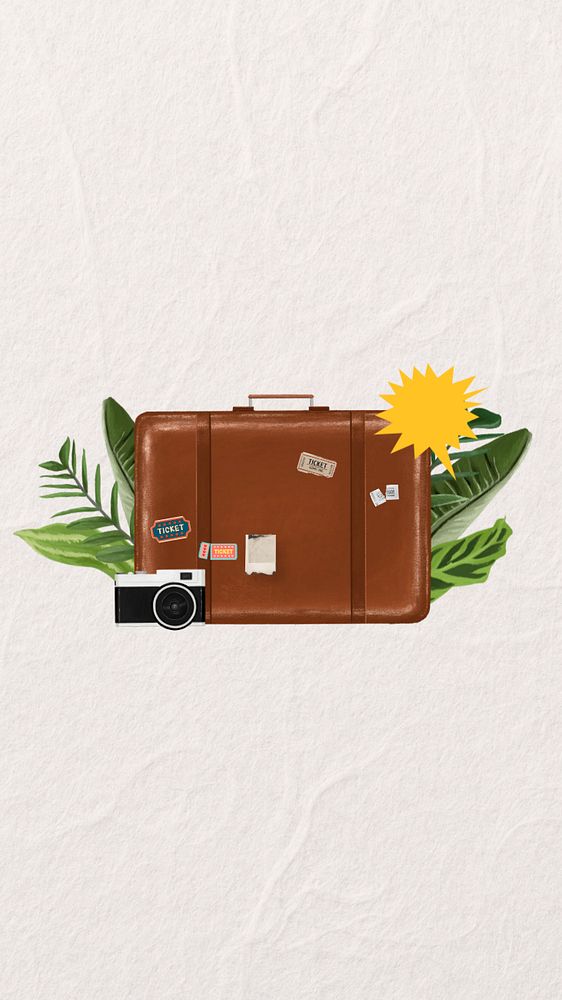 Travel luggage aesthetic phone wallpaper, paper textured background, editable design