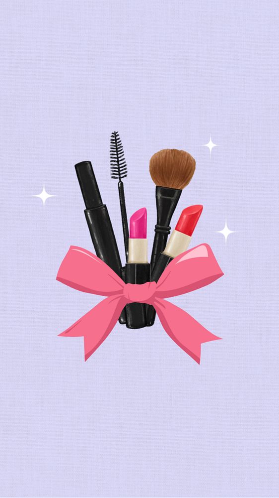 Makeup aesthetic phone wallpaper, cosmetics illustration, editable design