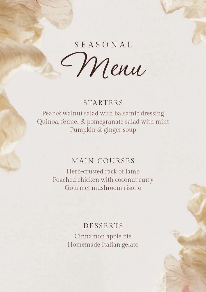 Seasonal menu poster template, editable text and design