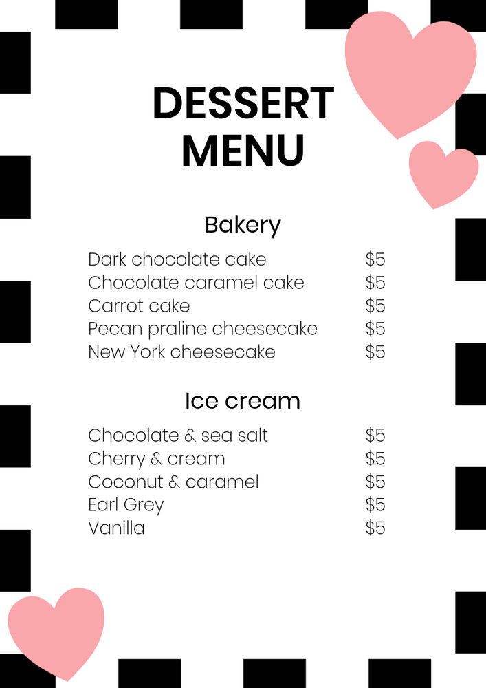 Dessert menu poster template, editable text and design