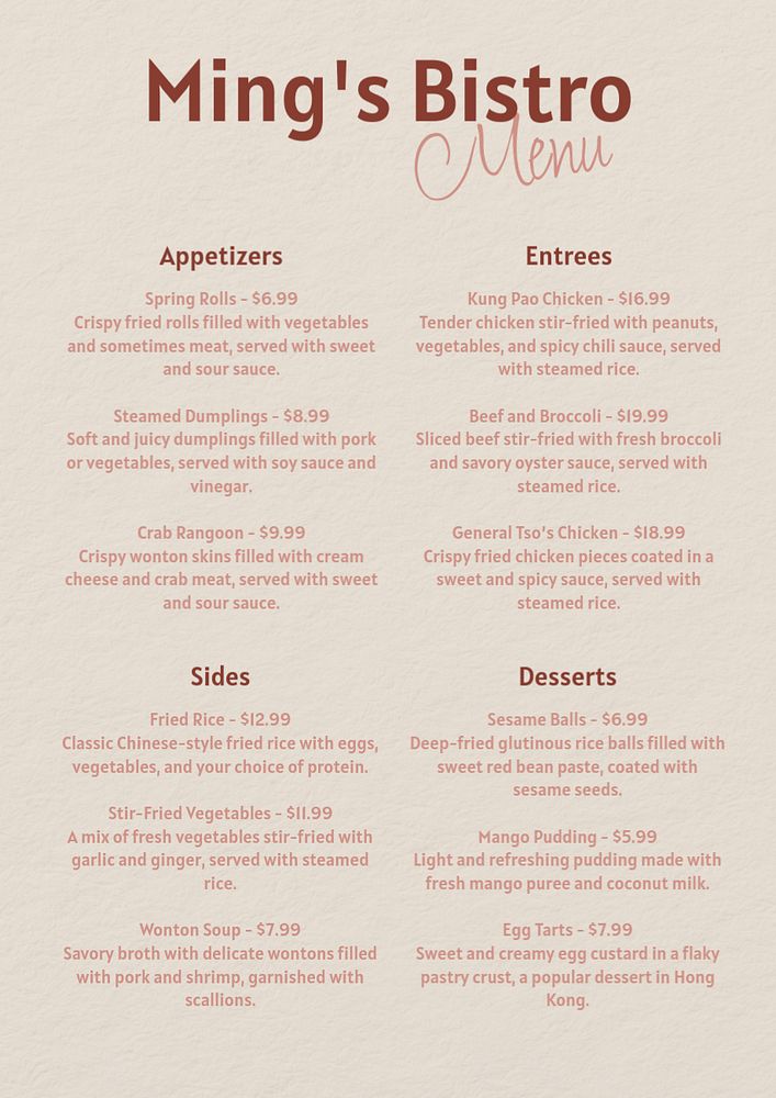 Bistro menu poster template, editable text and design