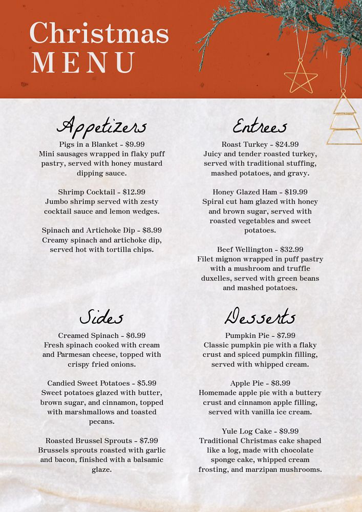 Christmas menu poster template, editable text and design