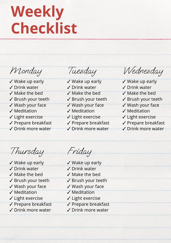 Weekly checklist poster template, editable text and design