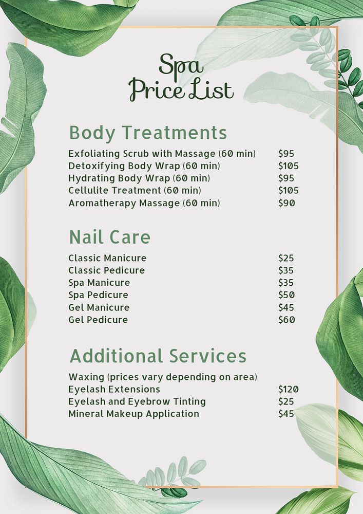 Spa price list, editable template for poster