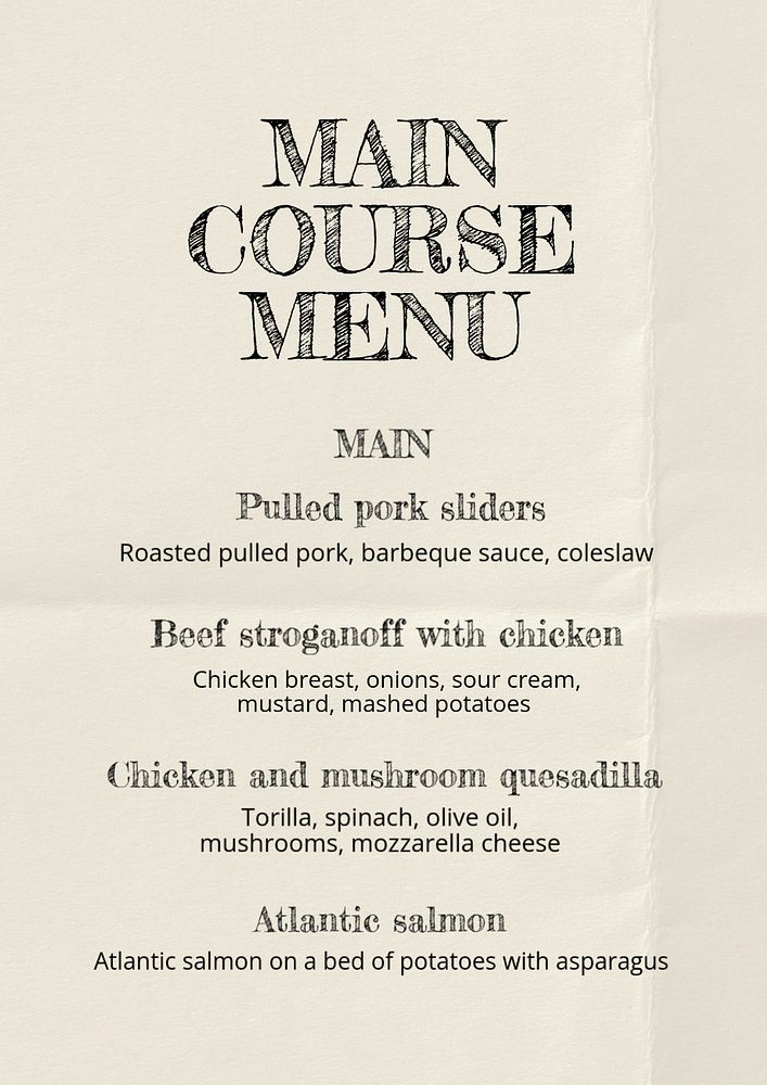 Main course menu poster template, editable text and design