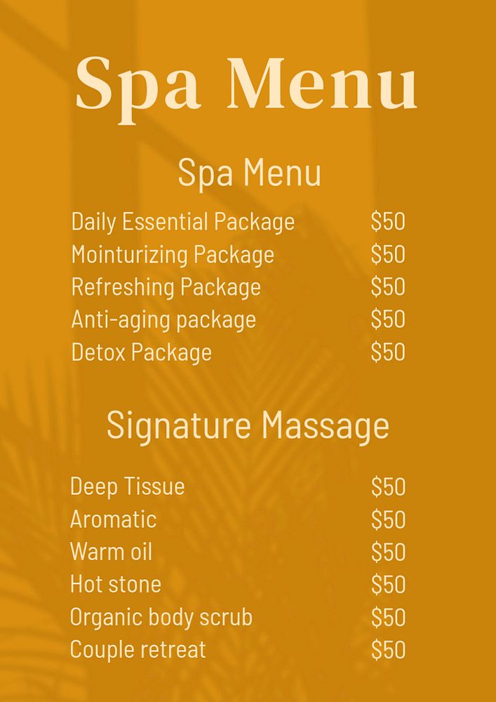 Spa price list poster template, editable text and design