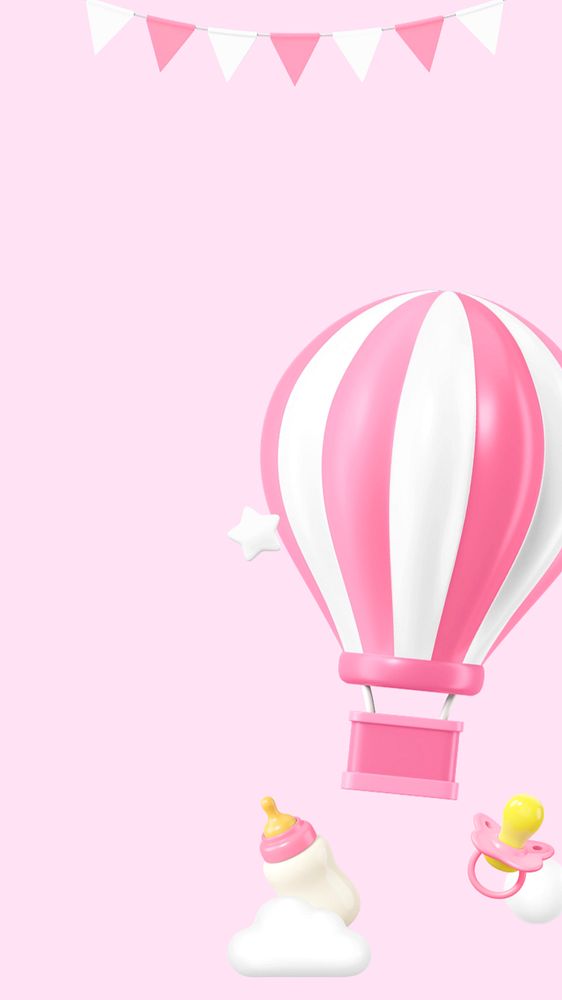 3D pink balloon iPhone wallpaper, baby's gender reveal remix, editable design