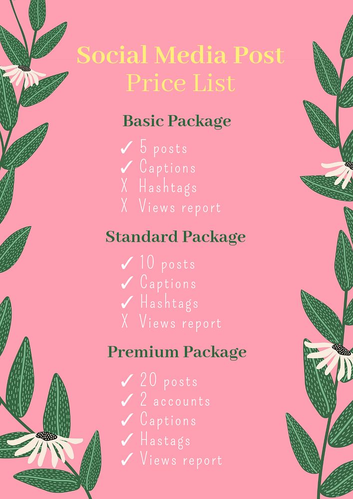 Social media price list poster template, editable text and design