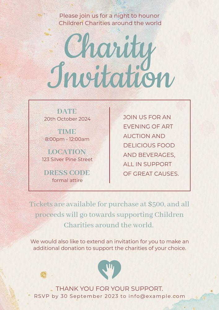 Charity invitation poster template, editable text and design