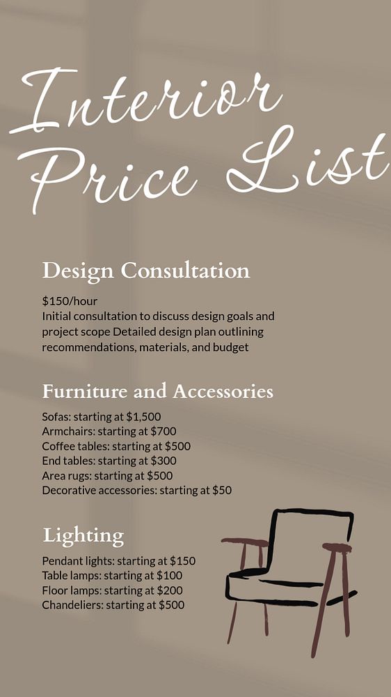 Interior price list Instagram story template, editable text