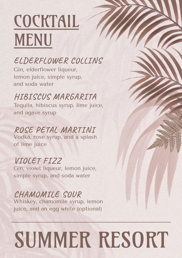 Cocktail menu poster template, editable text and design