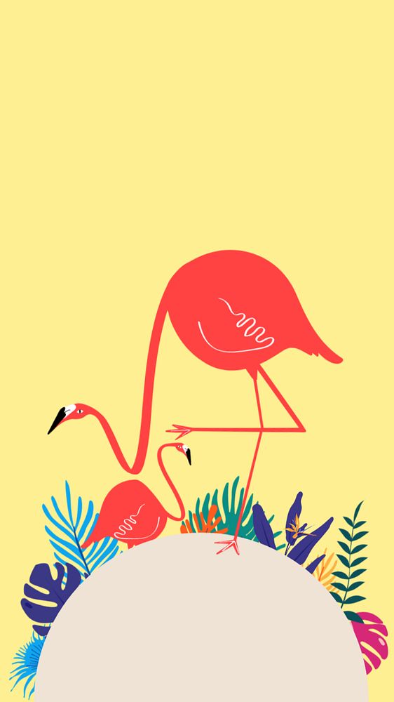 Colorful tropical flamingo iPhone wallpaper, editable yellow design