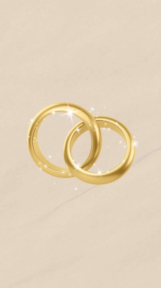 Gold wedding rings iPhone wallpaper, 3D sparkly jewelry illustration, editable design