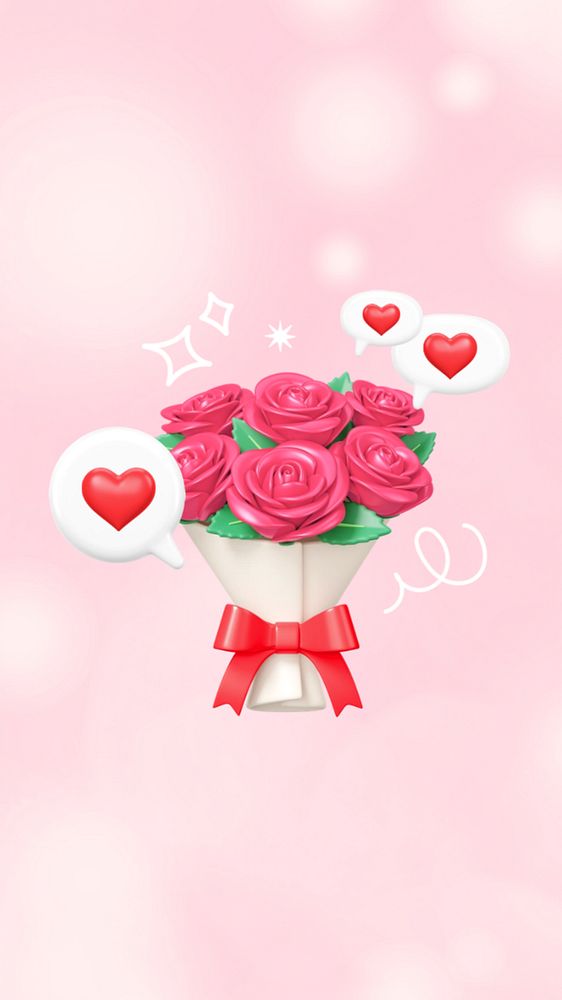 Pink rose bouquet iPhone wallpaper, 3D Valentine's celebration remix, editable design