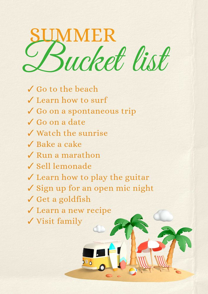 Summer bucket list poster template, editable text and design