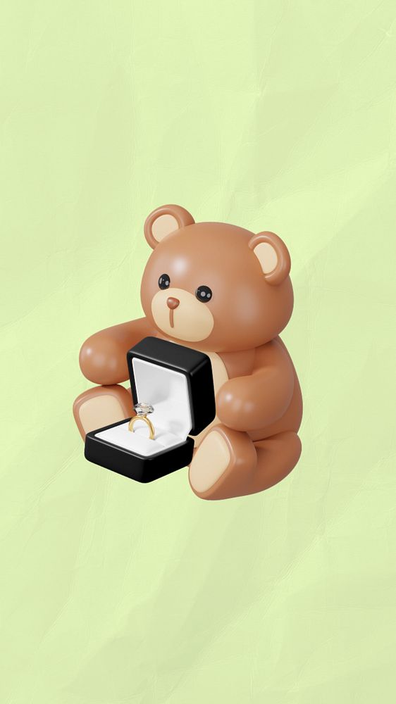 Teddy bear engagement ring iPhone wallpaper, 3D wedding remix, editable design