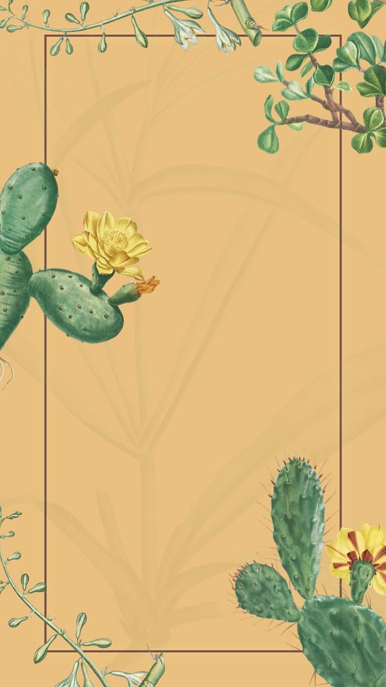 Tropical cactus floral iPhone wallpaper, vintage botanical frame, editable design