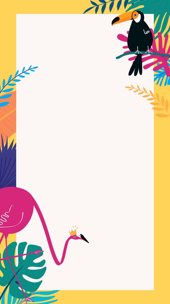 Colorful flamingo frame iPhone wallpaper, editable yellow design