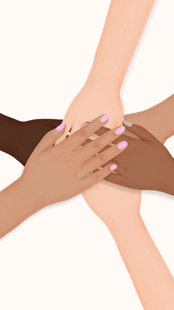 Diverse hands united iPhone wallpaper, teamwork illustration, editable design