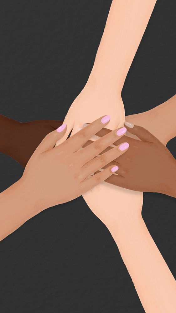 Diverse hands united iPhone wallpaper, teamwork illustration, editable design