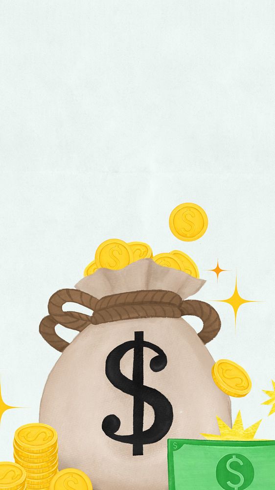 Money bag iPhone wallpaper, gold coins, finance remix, editable design