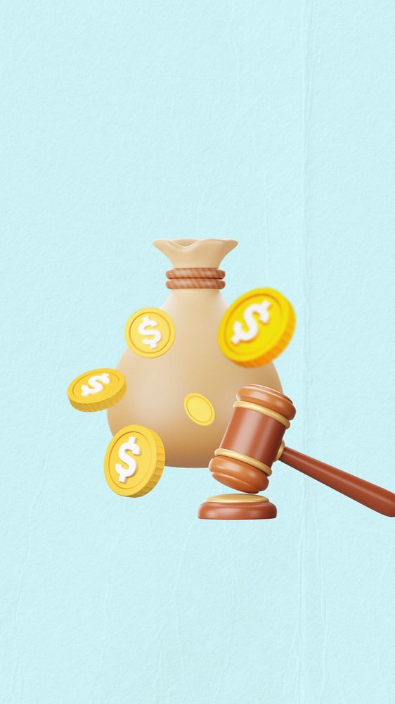 Financial law iPhone wallpaper, 3D gavel & money bag remix, editable design