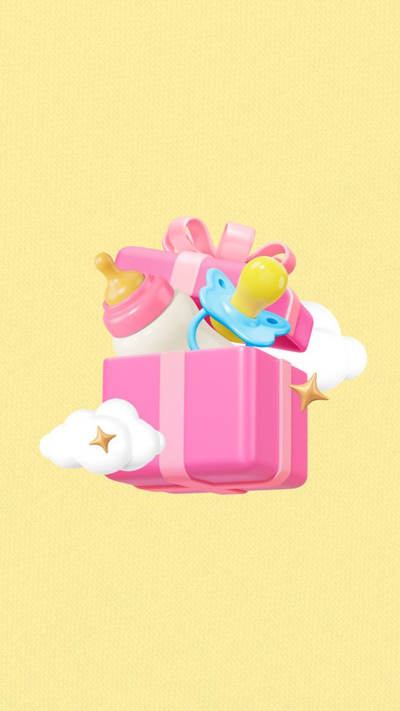 Baby birthday gifts iPhone wallpaper, 3D bottle & pacifier remix, editable design