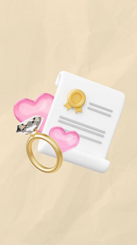 Marriage certificate iPhone wallpaper, diamond ring, 3D wedding remix, editable design