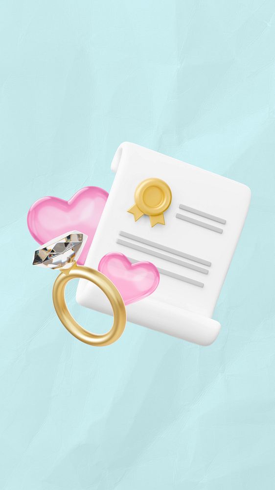 Marriage certificate iPhone wallpaper, diamond ring, 3D wedding remix, editable design