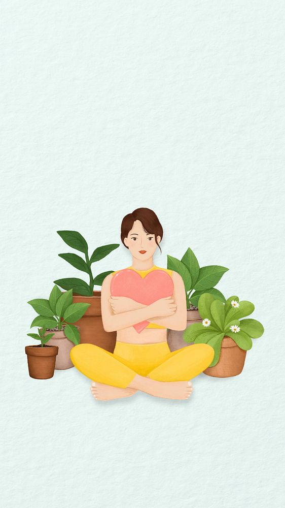 Woman plant lover iPhone wallpaper, hobby illustration, editable design