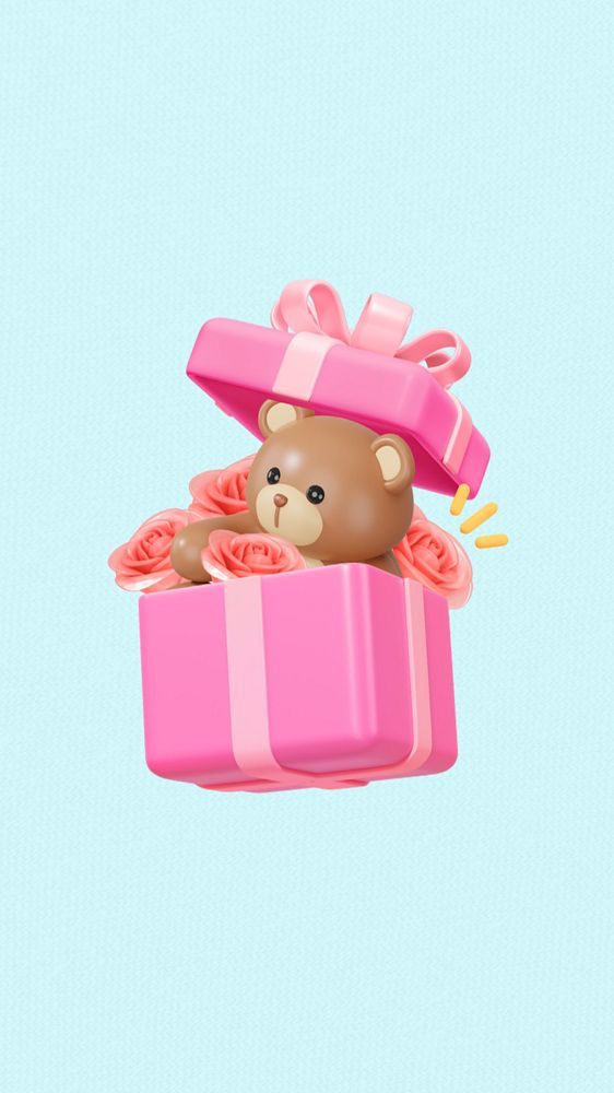 Valentine's teddy bear iPhone wallpaper, 3D gift box remix, editable design