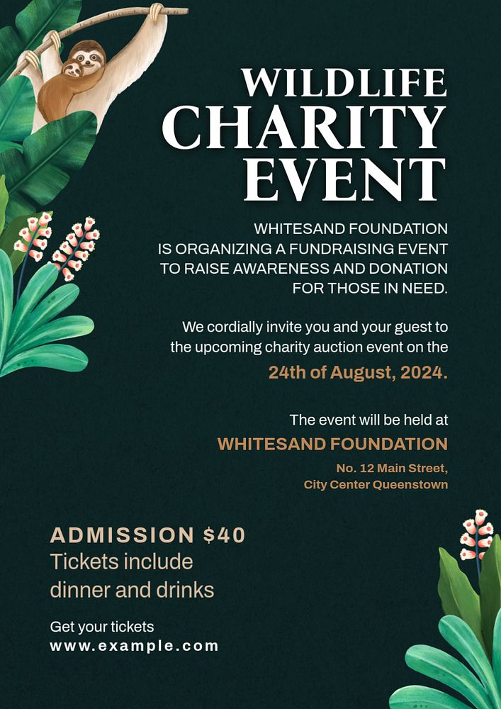 Wildelife charity event poster template, editable text and design