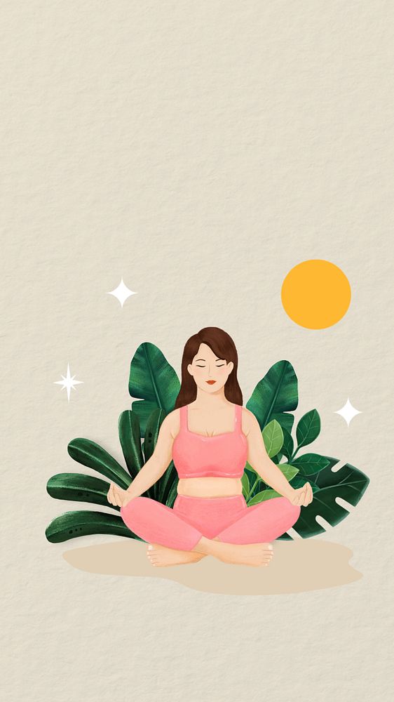 Meditating woman iPhone wallpaper, wellness character illustration, editable design