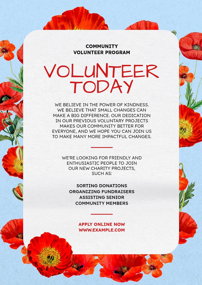 Volunteer today poster template, editable text and design