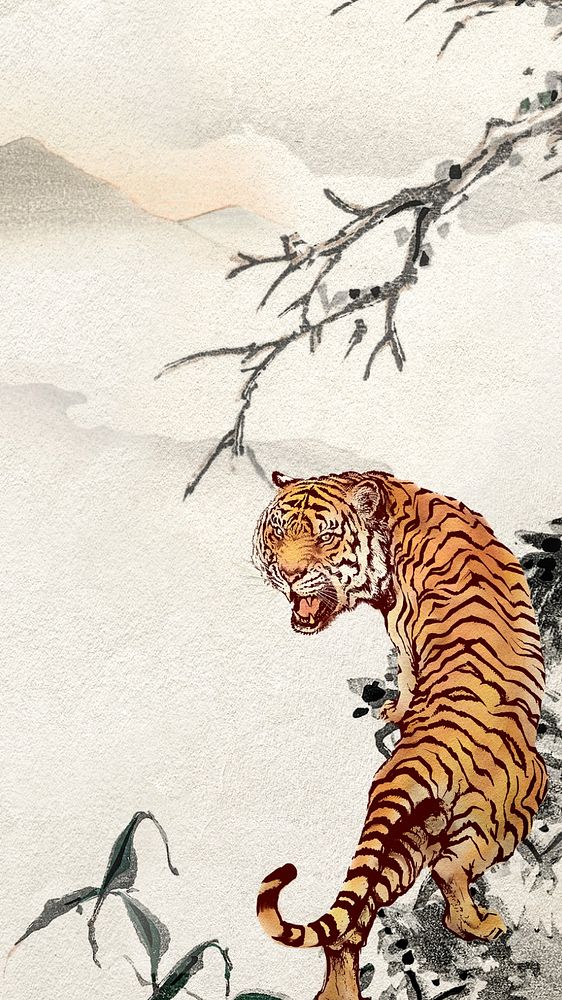 Tiger illustration, mountain iPhone wallpaper, editable design