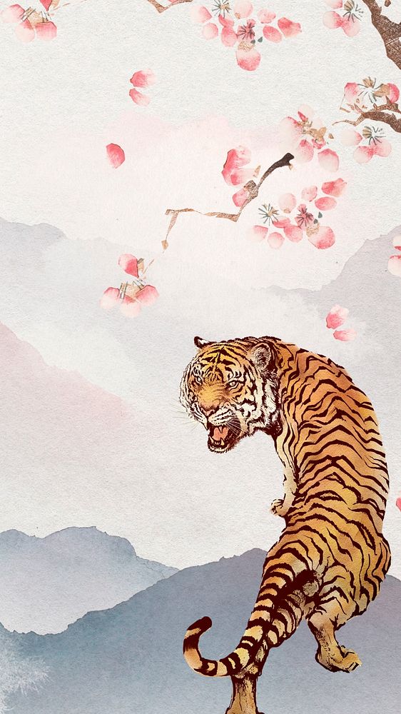 Tiger illustration, spring iPhone wallpaper, editable design