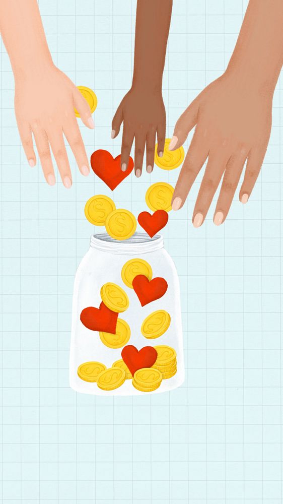 Donation money jar iPhone wallpaper, diverse hands, charity remix, editable design