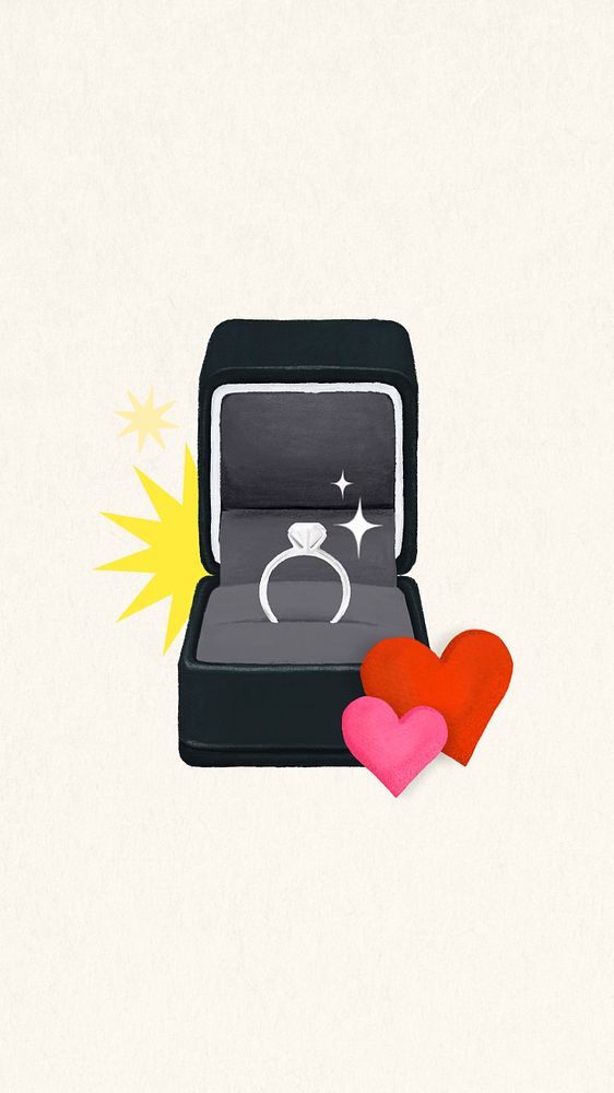 Wedding diamond ring iPhone wallpaper, black velvet box illustration, editable design