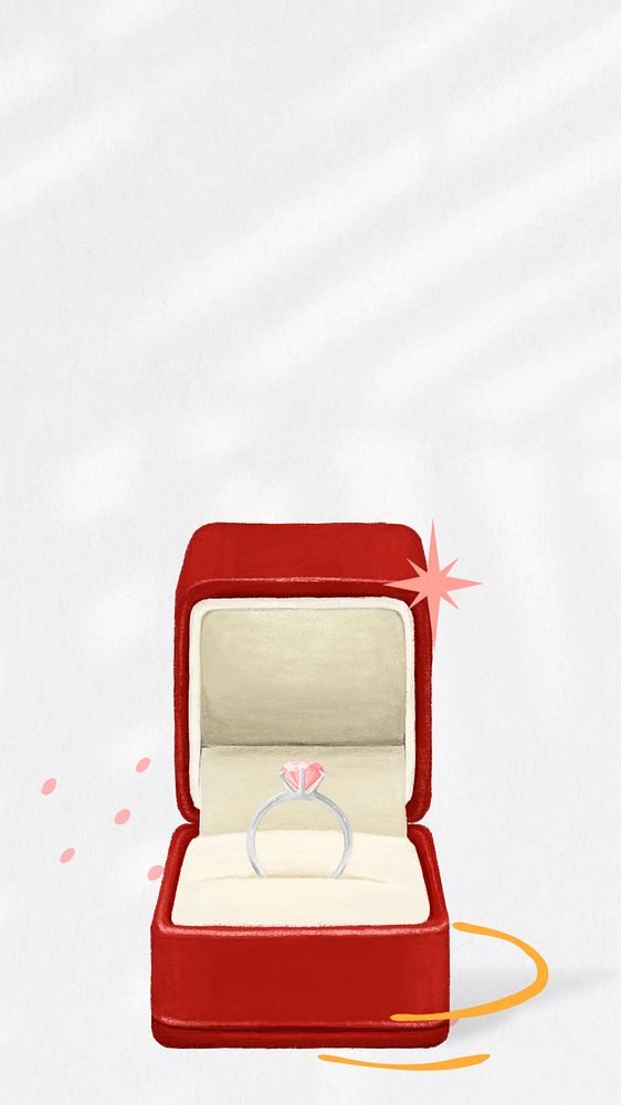 Wedding diamond ring iPhone wallpaper, red velvet box illustration, editable design